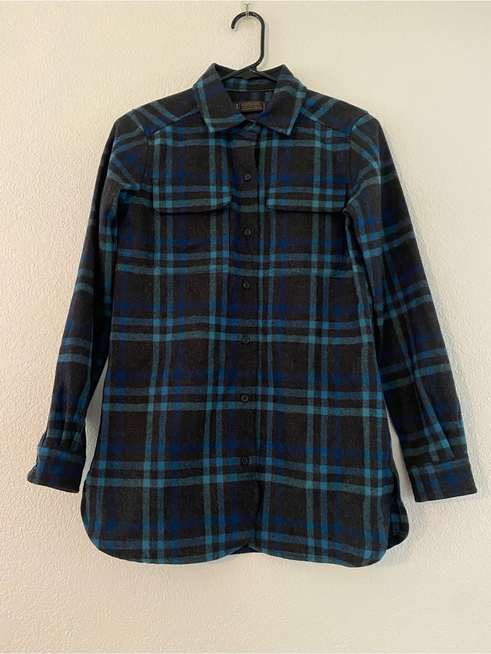 Pendleton Women's XXS Plaid Flannel Shirt 100% Virgin Wool Teal Blue Charcoal